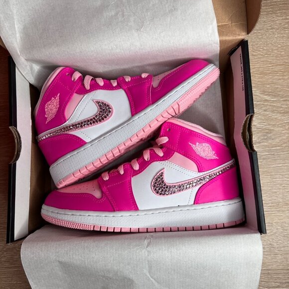 Jordan 1 Mid Fierce Pink Custom Sneakers with Crystals - Picture 3 of 10